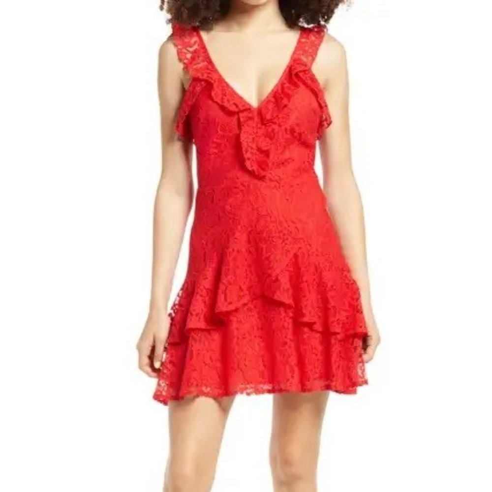 Never Worn Red Ruffle Tiered Lace Minidress by All in Favor SIZE SMALL